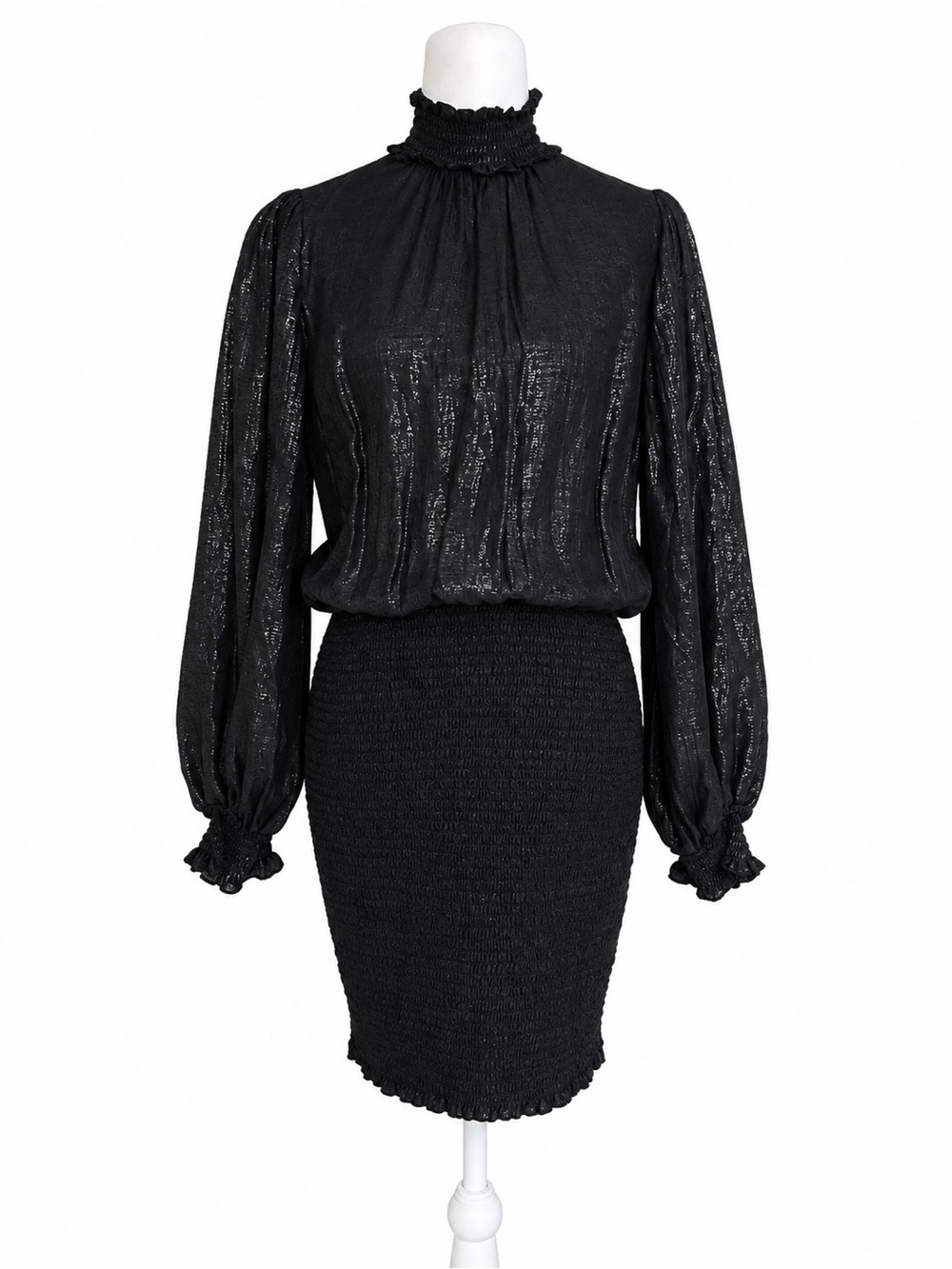 Sezane Cipriani Metallic Shimmer Mini Dress FR 38 US 6 Lurex Smocked Puff Sleeve